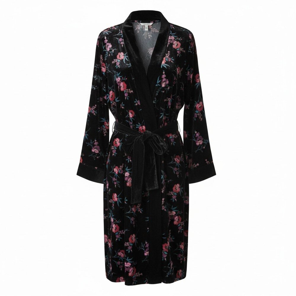 INC International Concepts Velvet Floral Kimono Robe M Black Belted Duster Loung